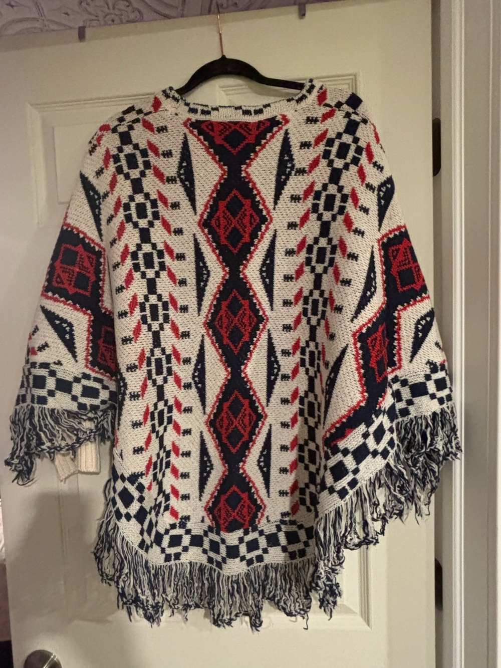 Ardene Cream Knit Fringe Poncho with Navy and Red Geometric Design - Picture 5 of 5